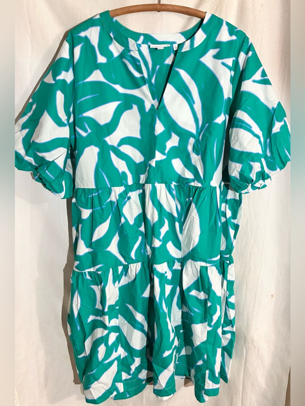 Chicos Tiered Babydoll Dress Sz 3 -US XL Green Rolled Sleeve Coastal Resort